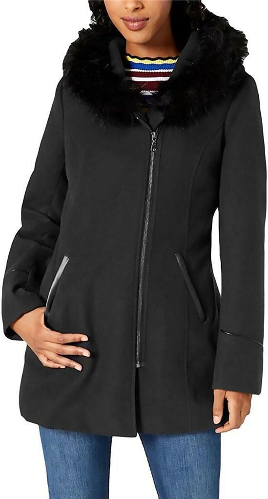 Maralyn & Me Juniors' Faux-Fur-Trim Asymmetrical Hooded Walker Coat CHARCOAL XS